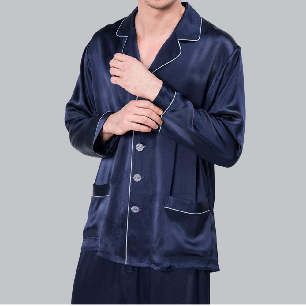 COLD POSH Men's Silk Pajamas Set 2PC Luxury Silk Sleepwear Button Down PJ Set